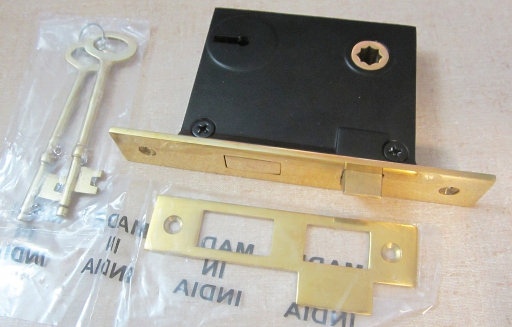 NEW Mortise Door Lock w/ Solid Brass Faceplate, Skeleton Keys, 2-1/4" Backset