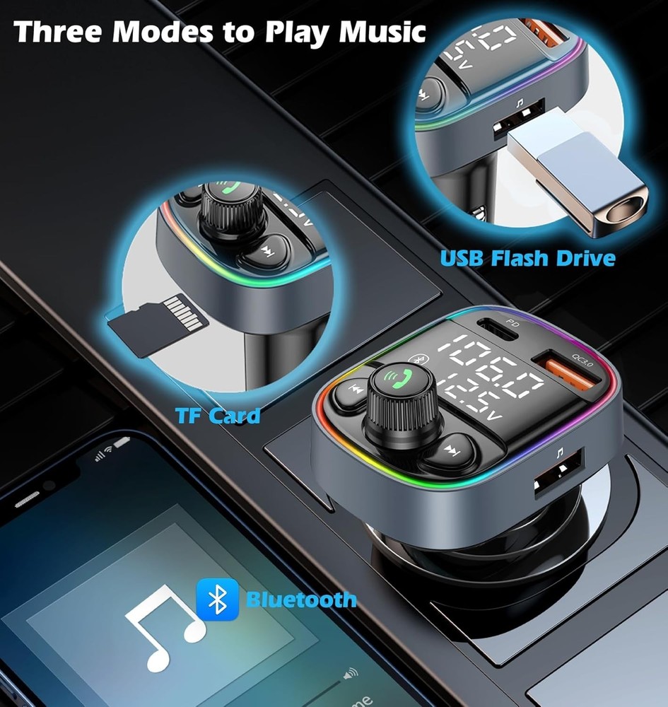 Bluetooth 5.4 Bluetooth Car Adapter, FM Transmitter with Qc3.0/Type-C 42W Fast C