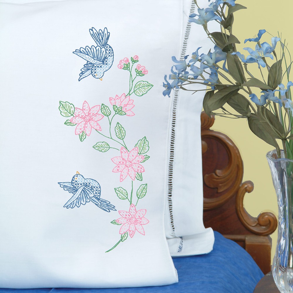 JACK DEMPSEY  - PAIR  LACE   EDGE PILLOWCASES - BIRDS