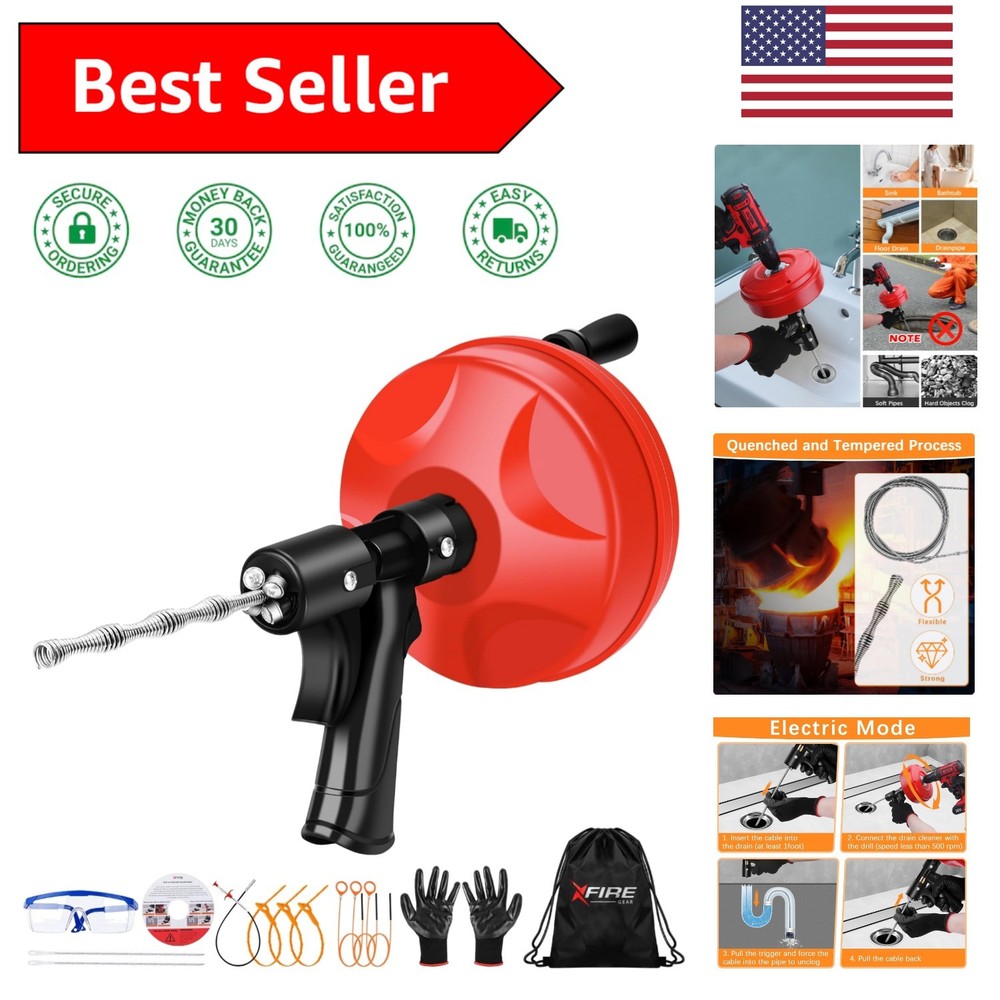 25FT Professional Drain Snake Plus Safety Gear – Ultimate Clog Clearing Solution