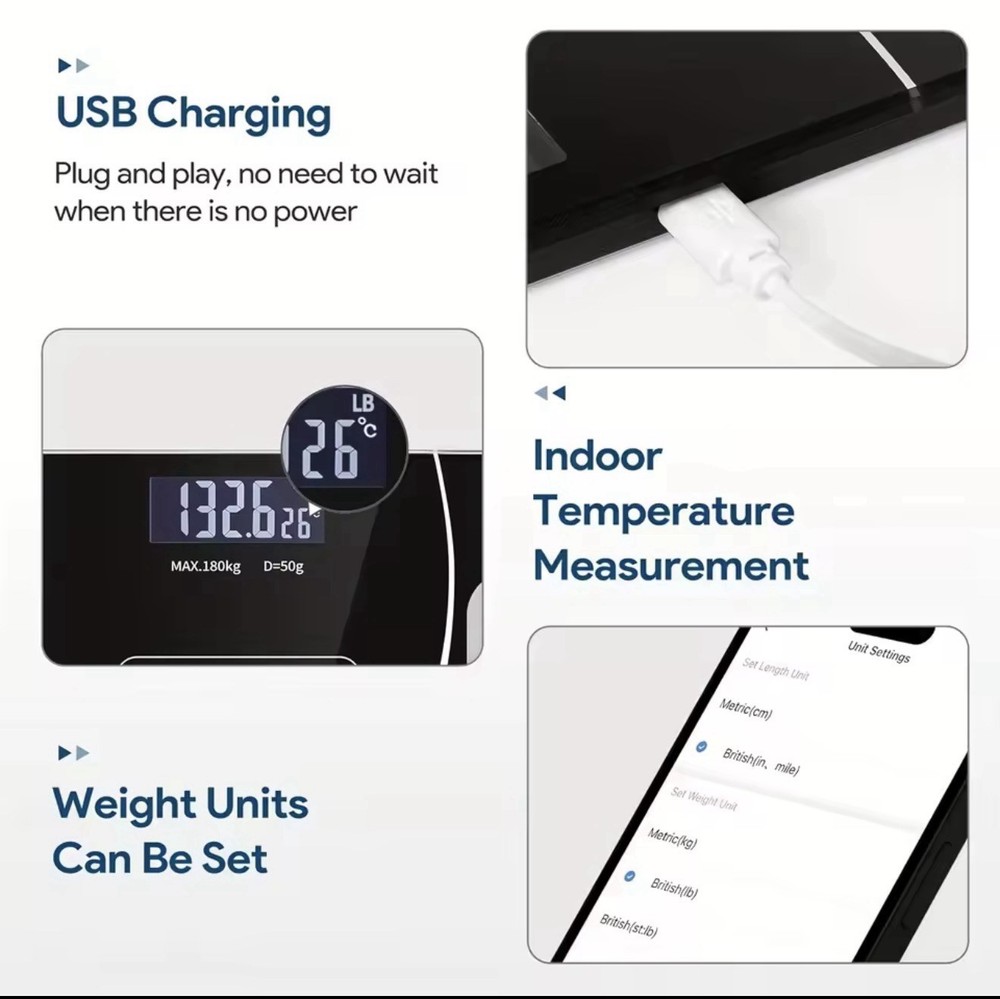 Black Digital Smart Body Analyzing Bathroom Scale Glass Modern USB Charging