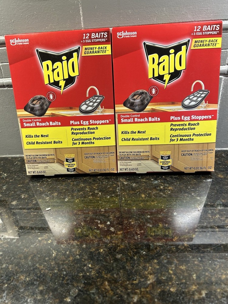 Raid Double Control:  12 Small Roach Baits Plus 3 Egg Stoppers      2 Box Lot