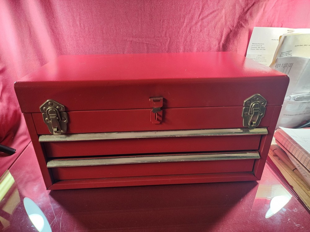 Red Metal 2 Drawer Toolbox With Tools 17"×9"×9"