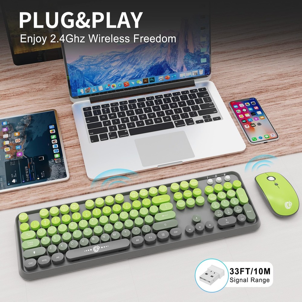 Grey Green Gradient Wireless Keyboard Mouse Combo 2.4GHz Retro USB Receiver