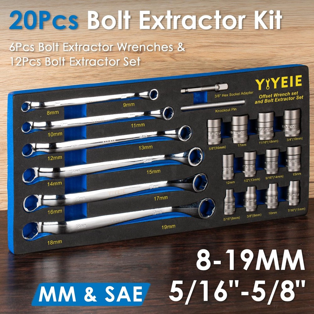 YIYEIE 20Pcs Combo Bolt Extractor Kit, 6-Point Kit