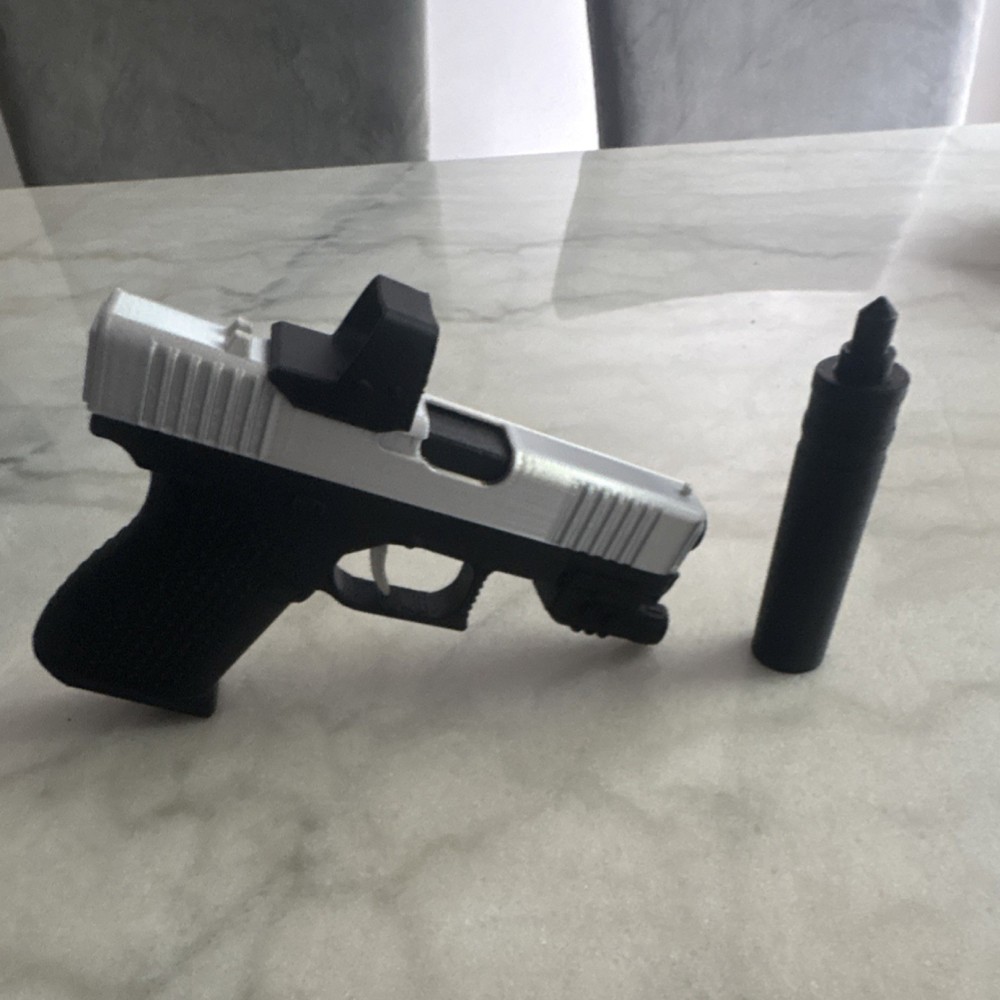 Replica tactical Pistol Silver Black with Removable Suppressor and Sight Prop