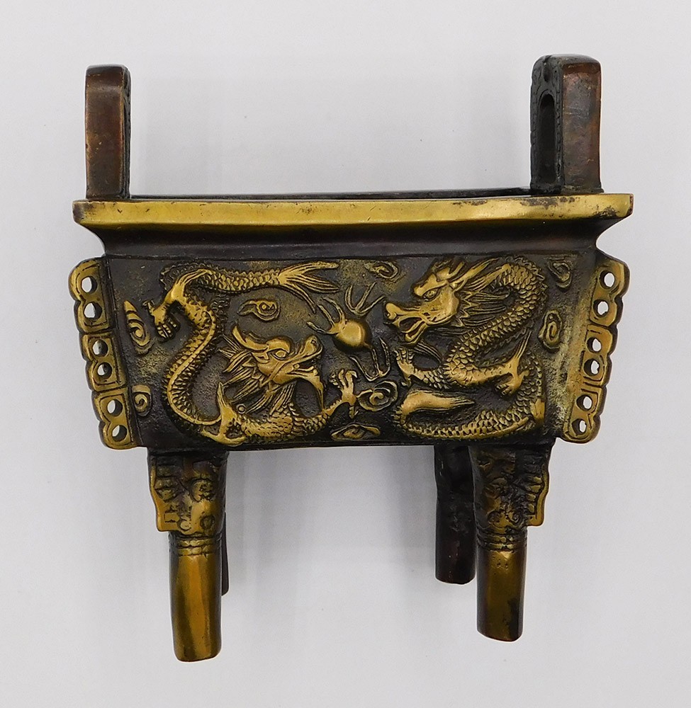 Antique Chinese Bronze Brass Dragon Pattern Square Shape Incense Burner Censer