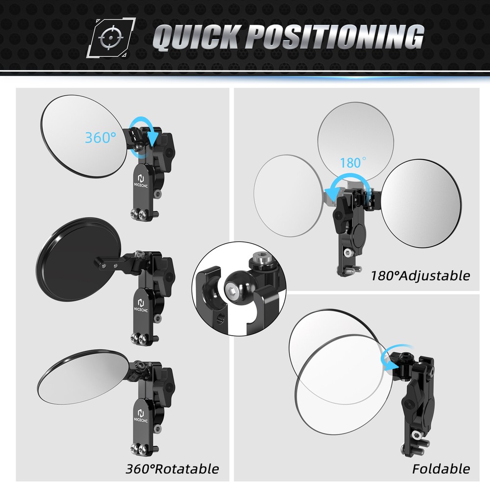 NICECNC Universal 180° Adjustable Rotatable Round Quick Flip Mirrors Kits