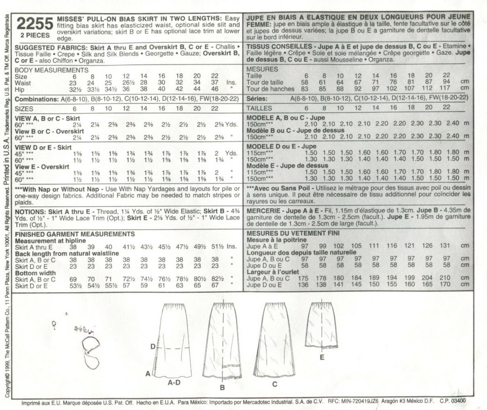 McCalls 2255 Skirts Pull-On Easy Bias Misses Sewing Pattern Uncut
