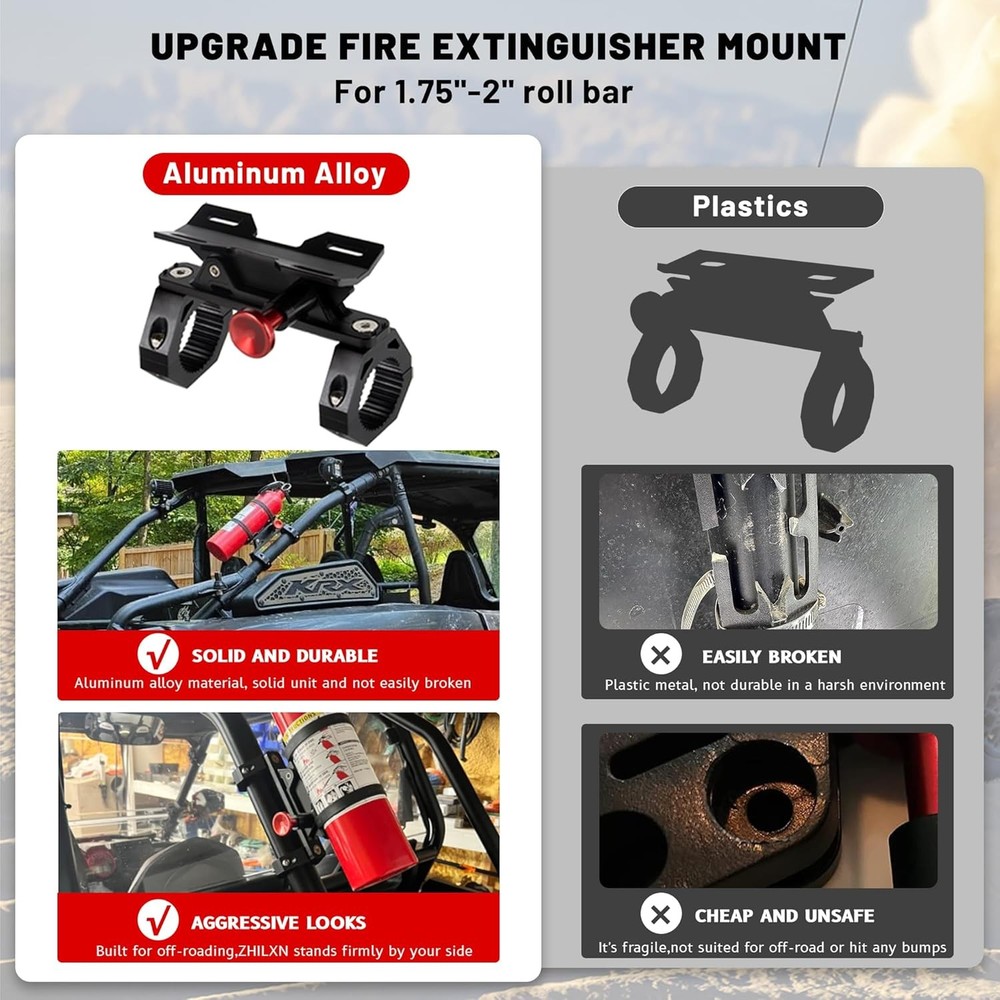 UTV Fire Extinguisher Mount Kit - Aluminum Adjustable Quick Release Roll Bar Car