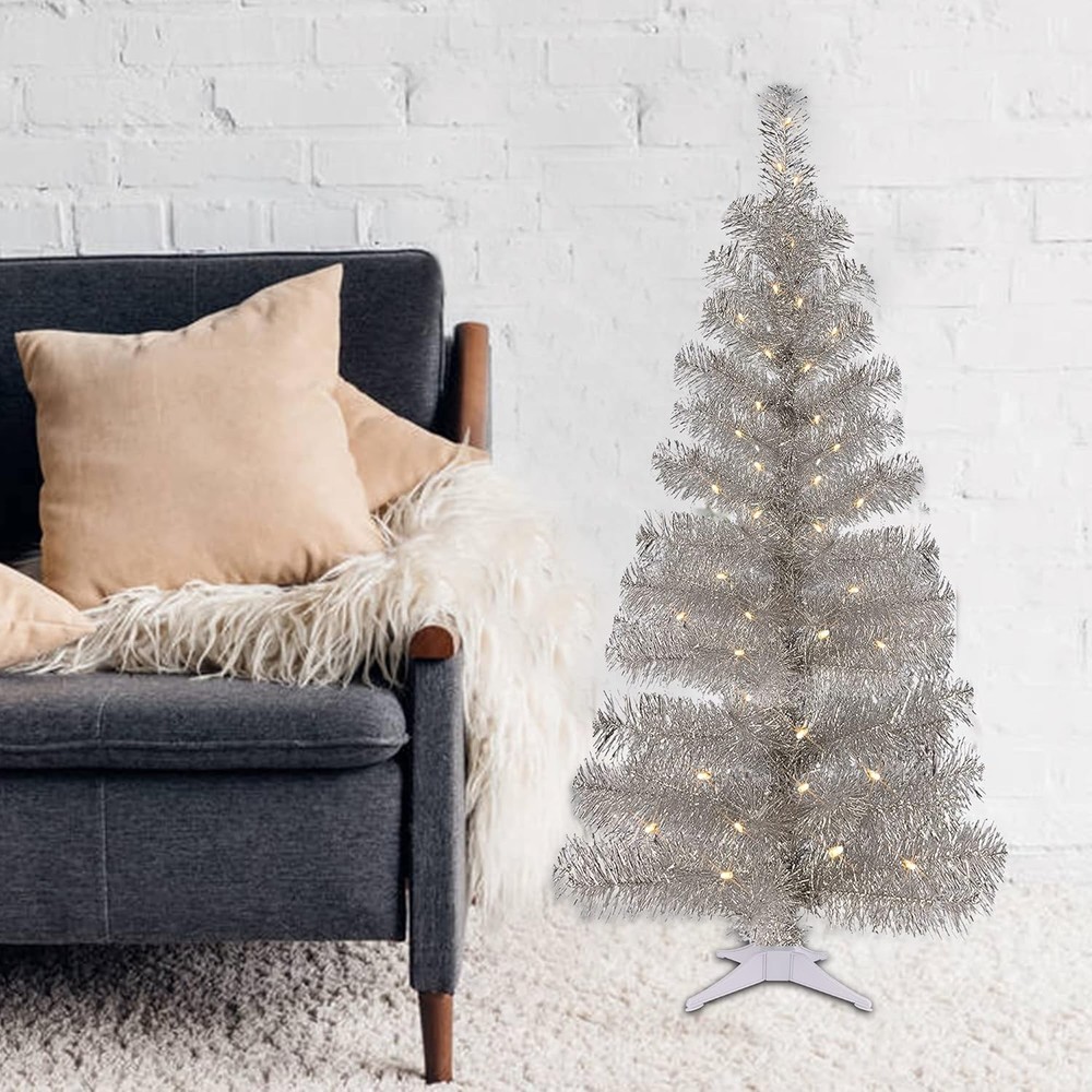 4FT Pre-lit Silver Tinsel Christmas Tree with 70 LED Lights & Timer Functions
