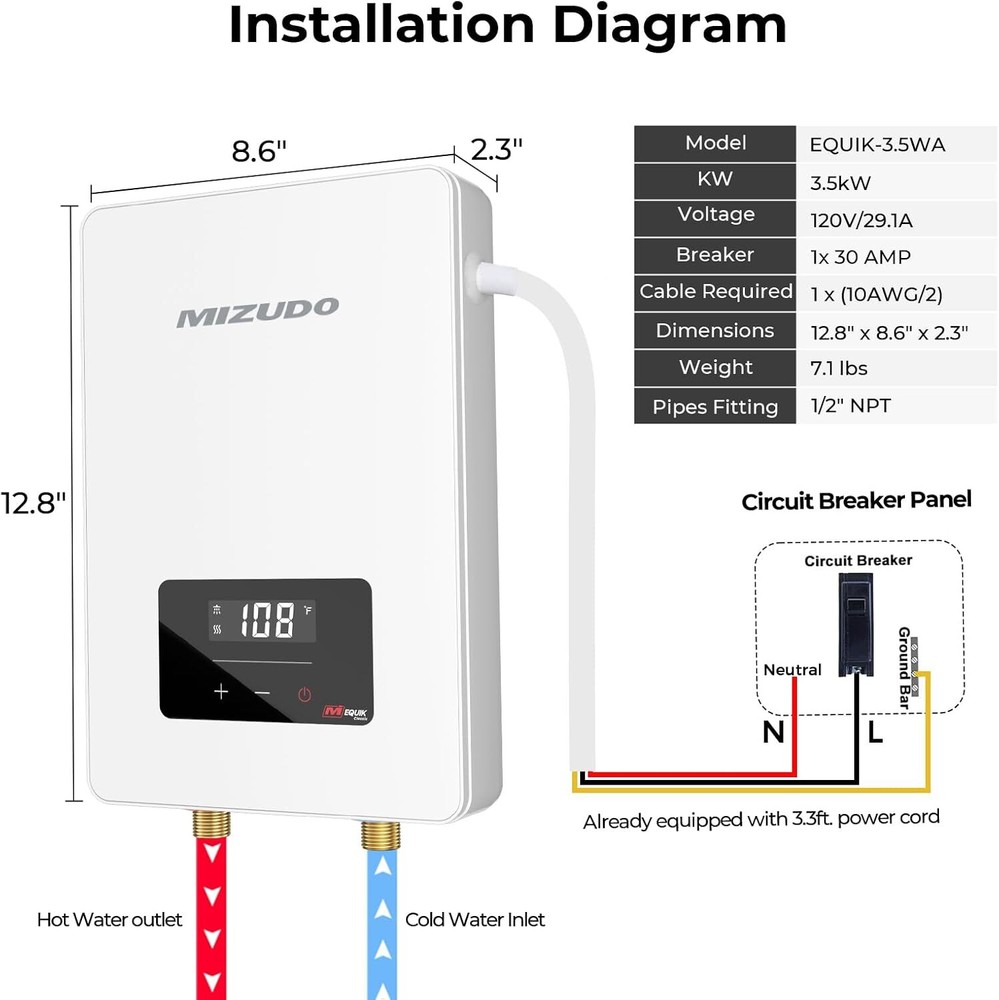 3500W Tankless Water Heater Electric 120V Instant Hot Under Sink Bathroom -USED