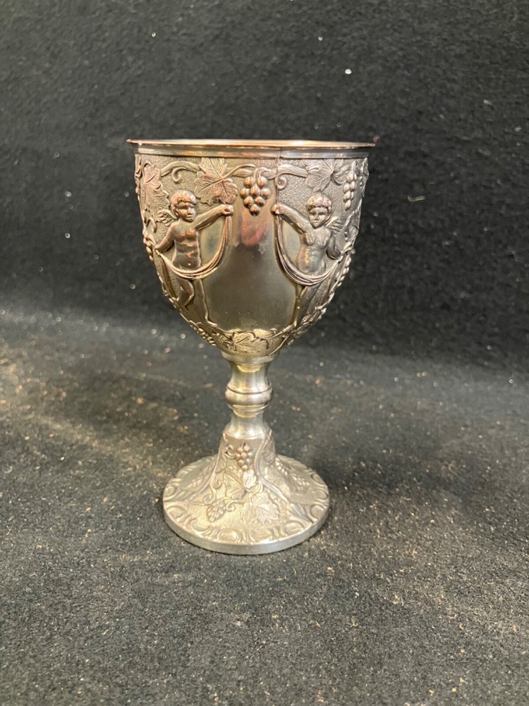VINTAGE EMBOSSED CHERUBS & GRAPES KIDDUSH CUP SILVER PLATED 5"X3"