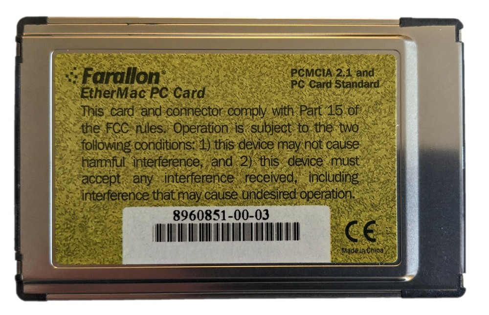 Farallon PCMCIA EtherMac Ethernet PC Card Macintosh PowerBook +Cable