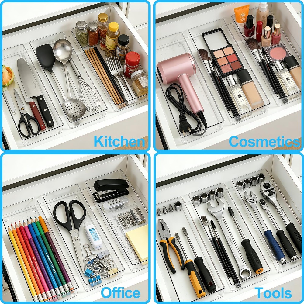 4 Pcs Extra Large Clear Plastic Drawer Organizer Trays 15"x6", Multi-Purpose ...
