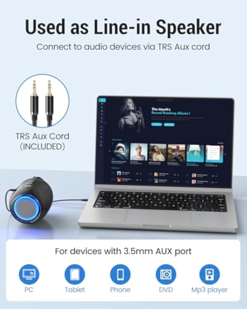 Portable Bluetooth Speaker with 3.5mm AUX Input, AUX Line-in Speaker for PC