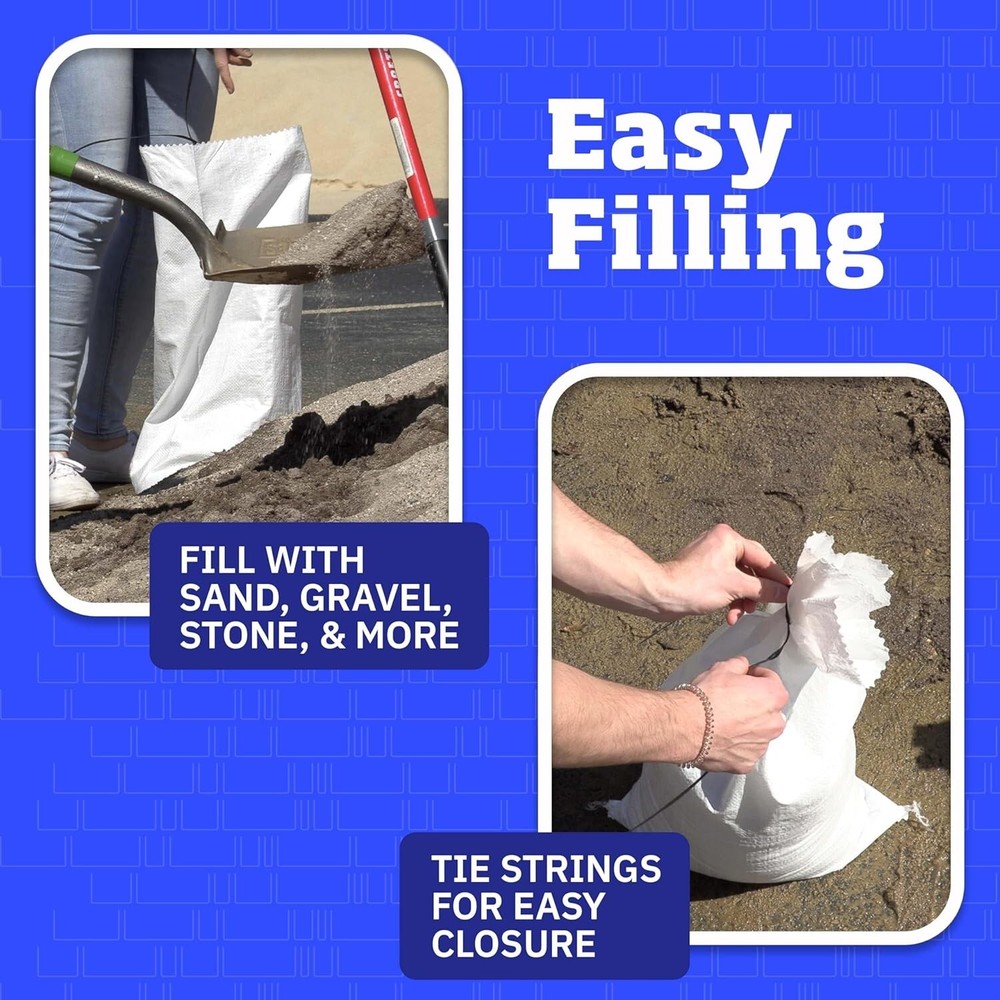 Ultimate 50 lbs Capacity Woven Polypropylene Sand Bags with Tie Strings - White