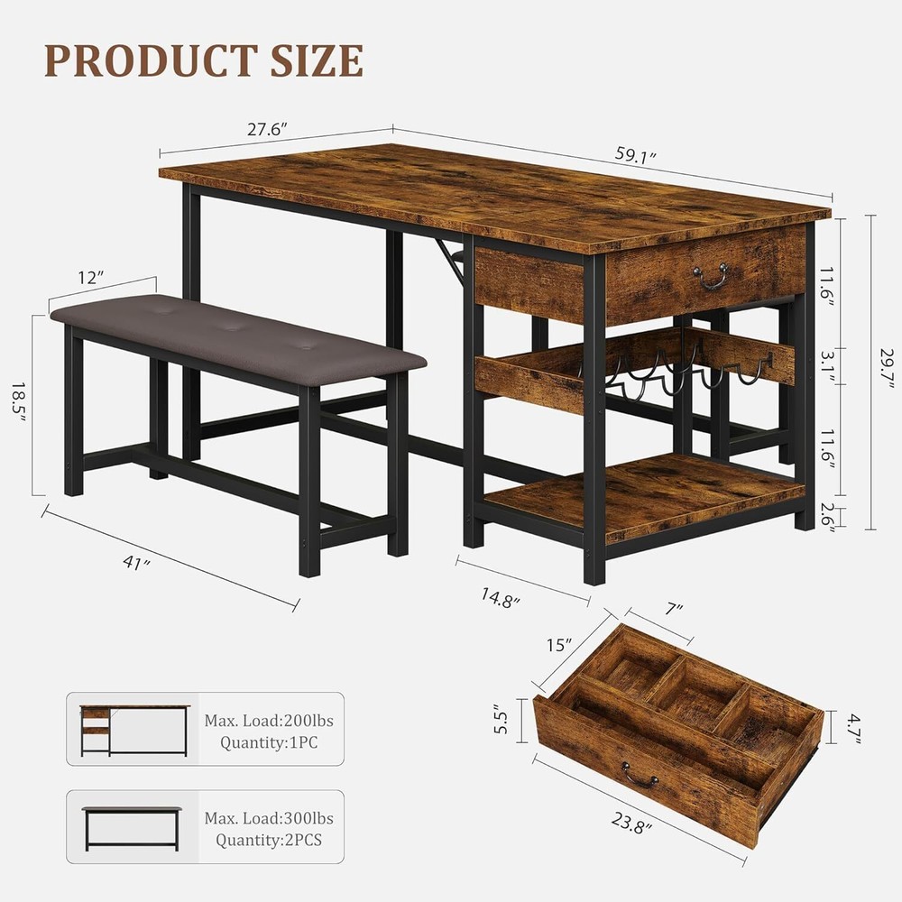 Dining Table Set for 4 Kitchen Table with 2 Benches, Storage Drawers ,Wine Rack