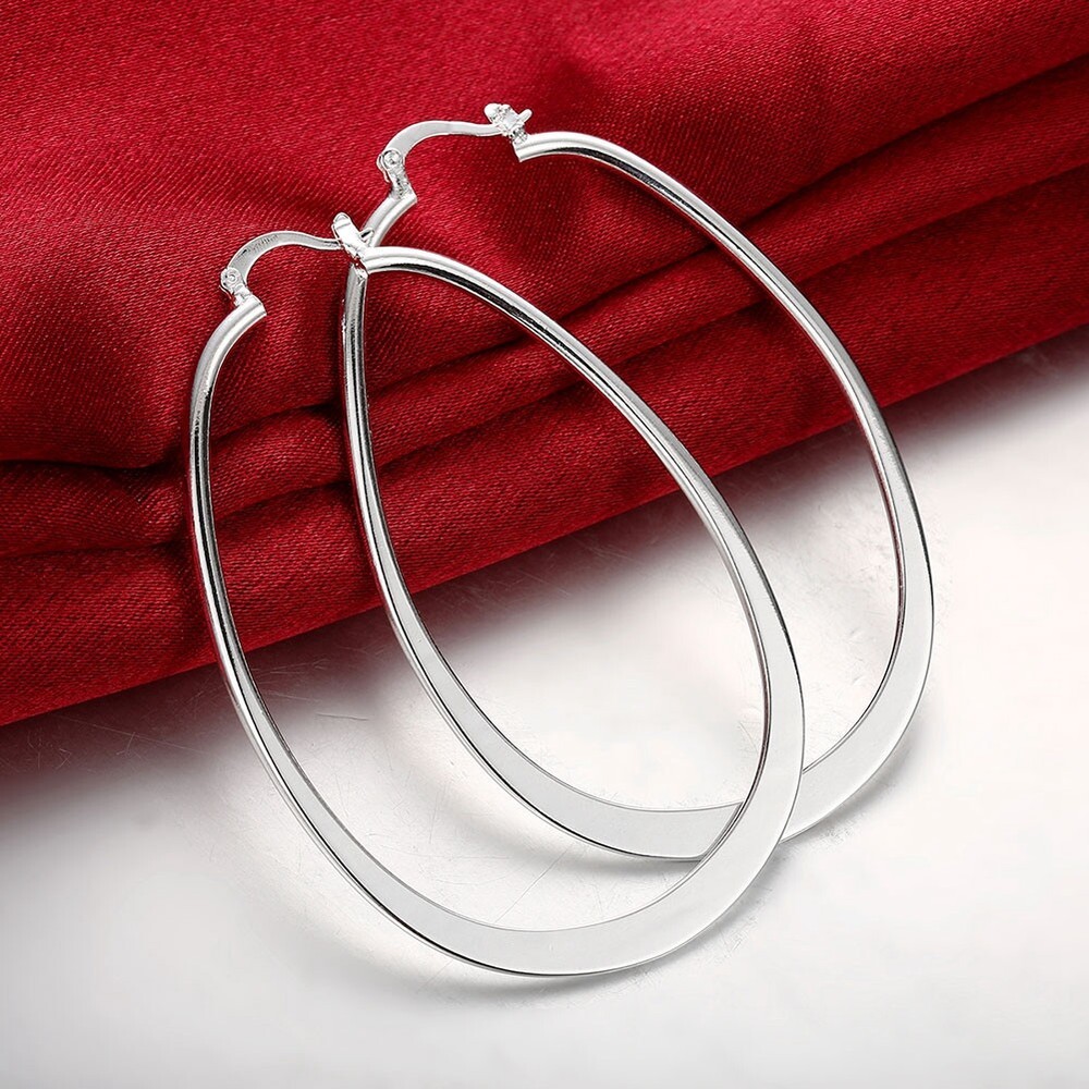 Womens 925 Sterling Solid Silver Elegant Oval Shaped Extra Large Hoop Earrings