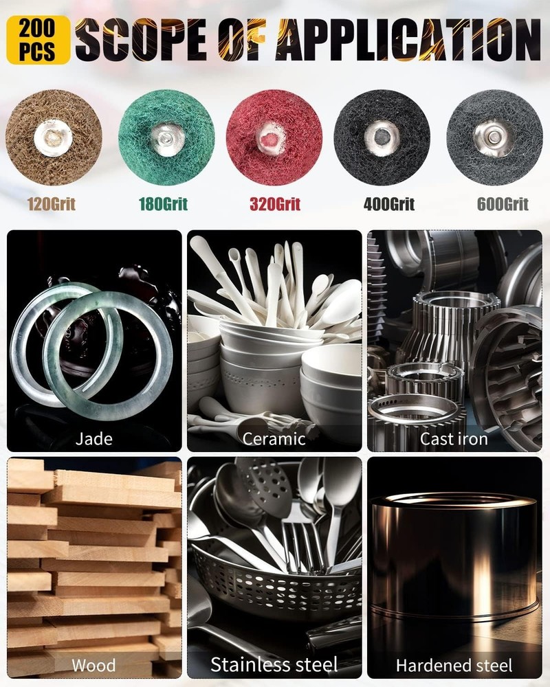 1" Abrasive Buffing Wheels - 200 Pcs Set with 5 Grit Options for Precision