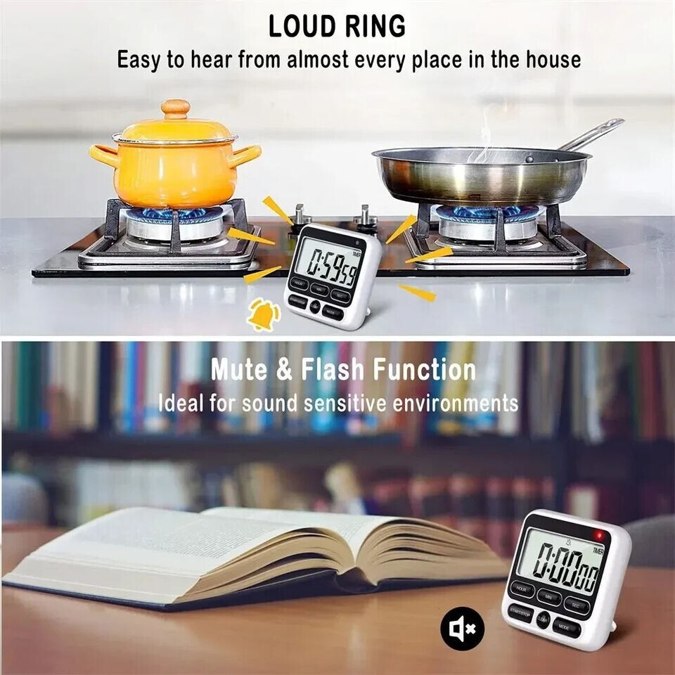 LCD Display Digital Kitchen Timer with Mute/Loud Alarm Switch ON/Off Switch 24 H
