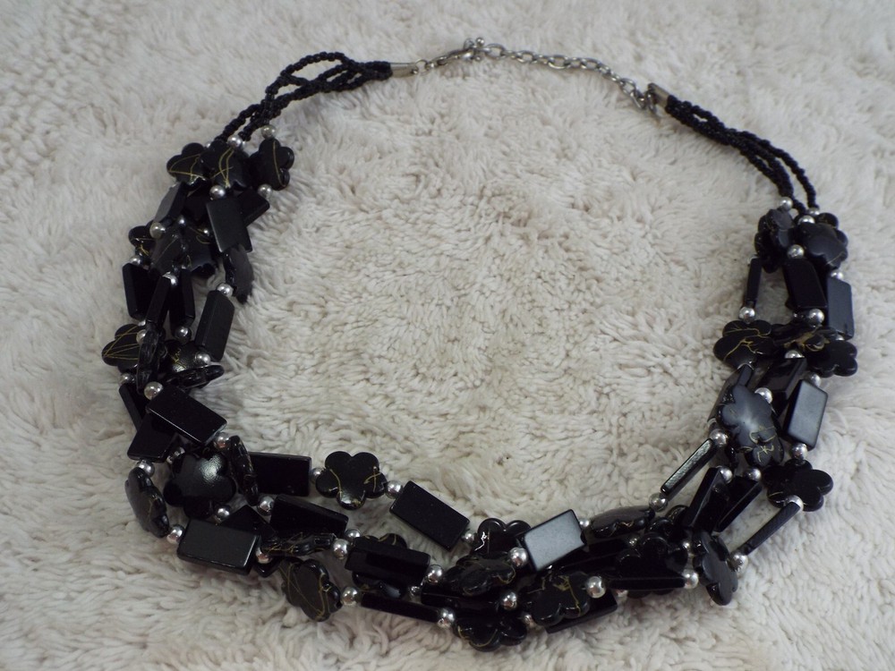 Silvertone Black Glass & Acrylic Bead Multi Strand Necklace (A7)