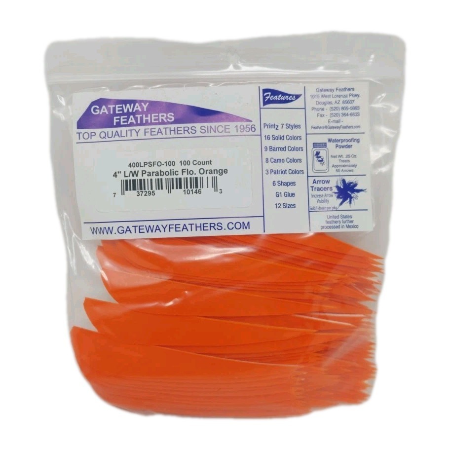 100 Pack Gateway Feathers 4" Left Wing: Parabolic Flo Fluorescent Orange