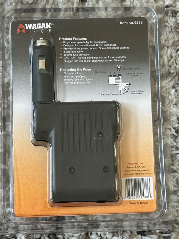 New Wagan Tech Tri Way Socket Output Converts Cigarette Lighter to 3 Way Charger