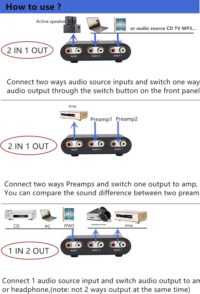 2-Way RCA Stereo Audio Switch Input Signal Source Switcher Selector Splitter Box