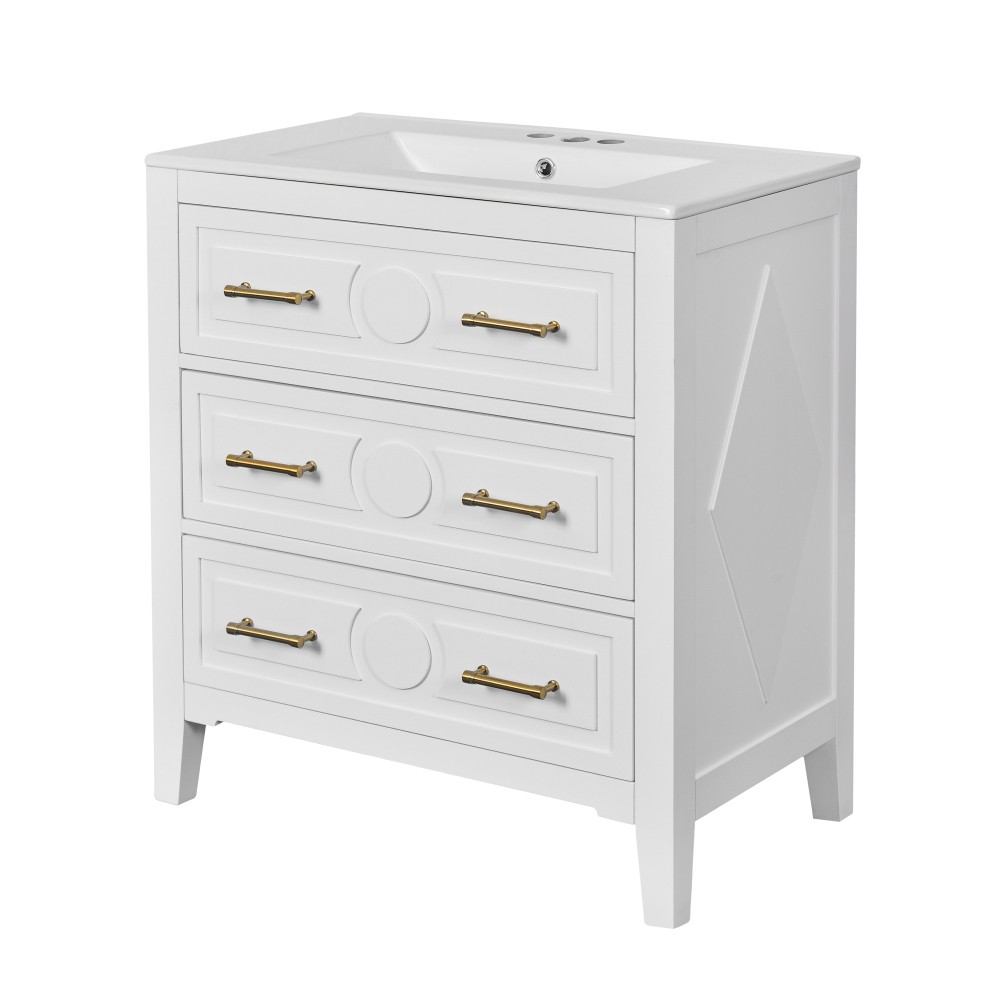 30'' Bathroom Vanity w/Ceramic Sink Combo 3 Drawers, Solid Wood Storage, White