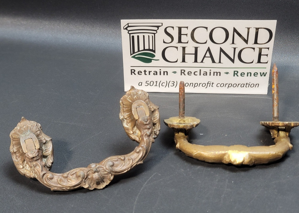 Pair of Ornate Salvaged Victorian 2 Solid Brass Drawer Pulls