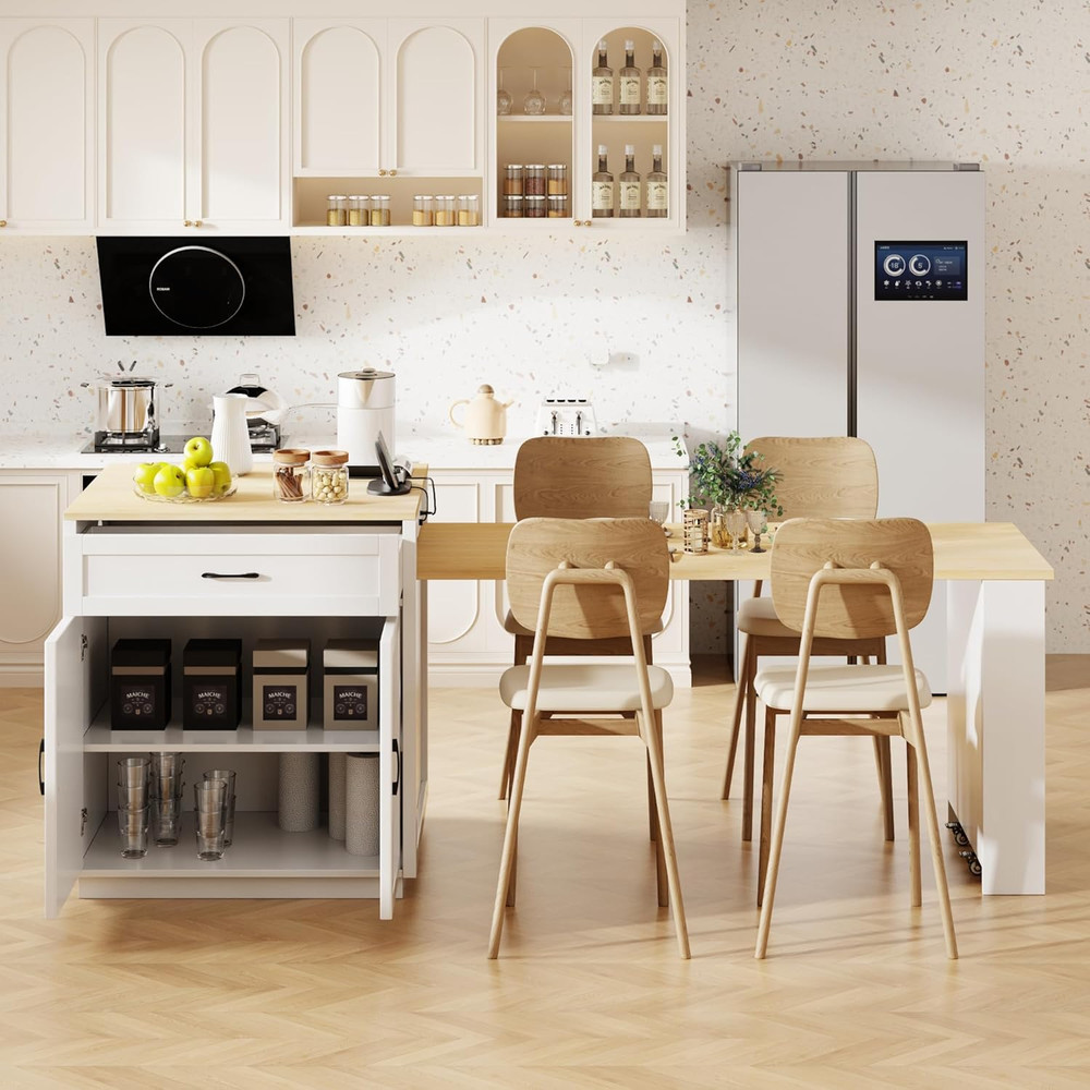 82.7" Kitchen Island with Extendable Table & Storage - White Oak