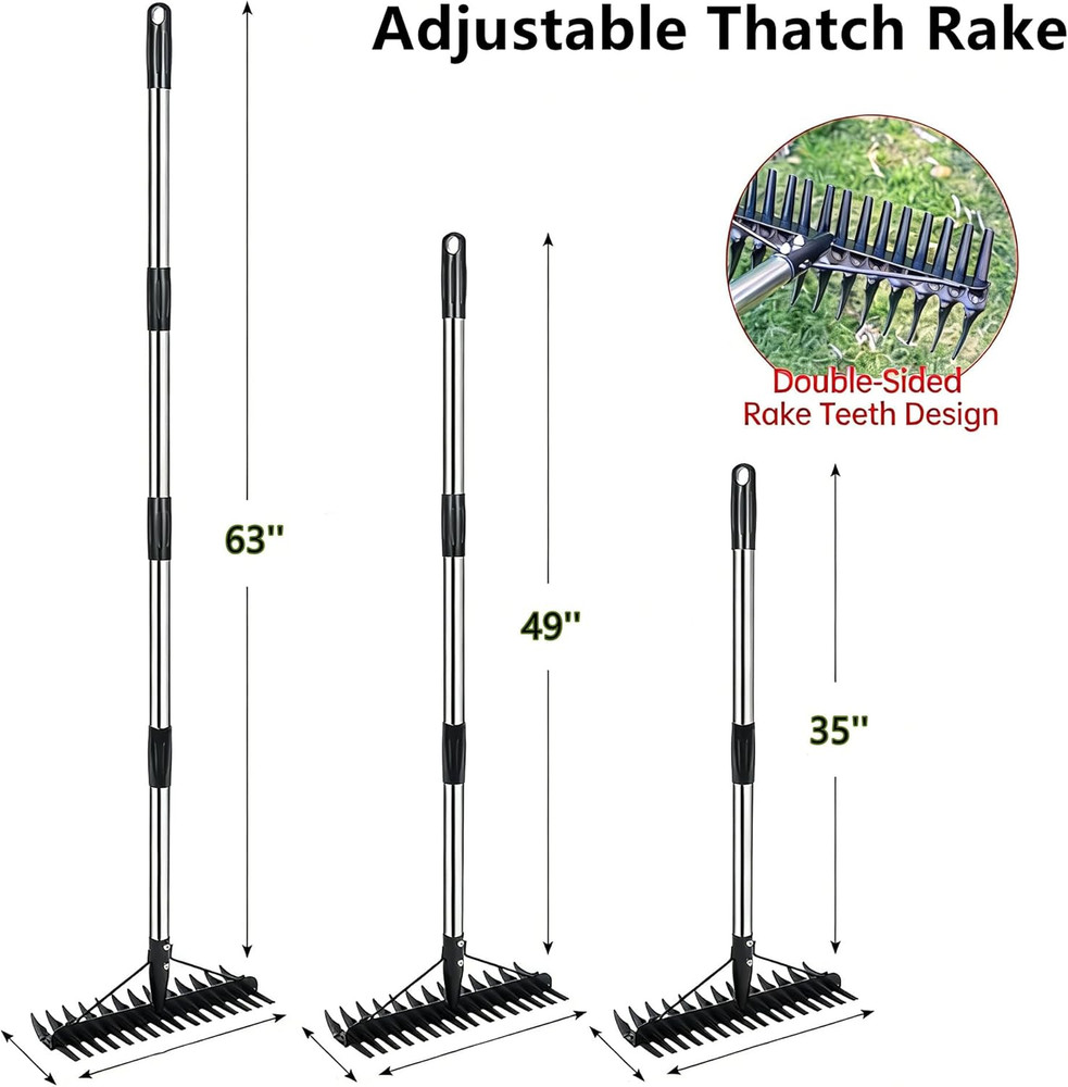 Thatch Rake - 63 Inch Dethatcher Rake with Upgraded Dual-Action Tines, Adjustabl