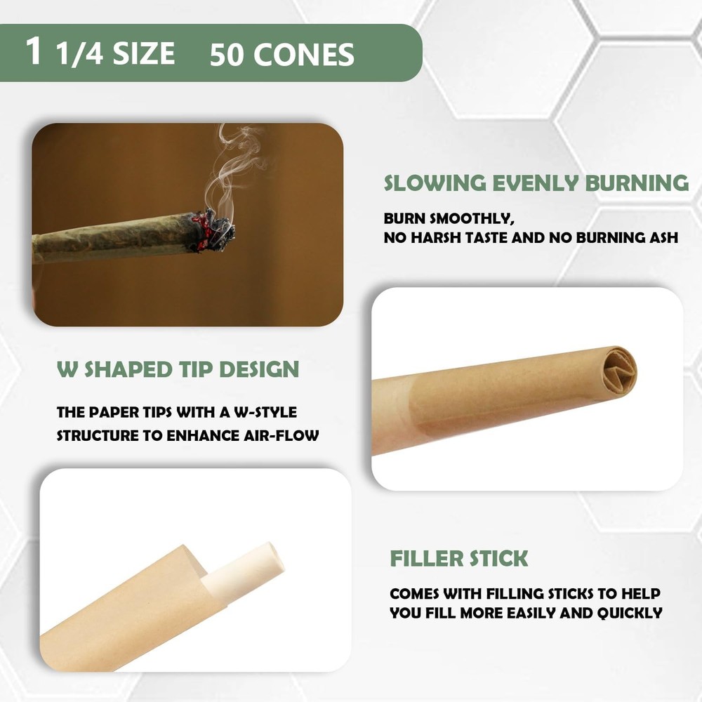 Pre Rolled Cones 1 1/4 Size 50 Pack, Natural Unbleached Rolling 50 Count