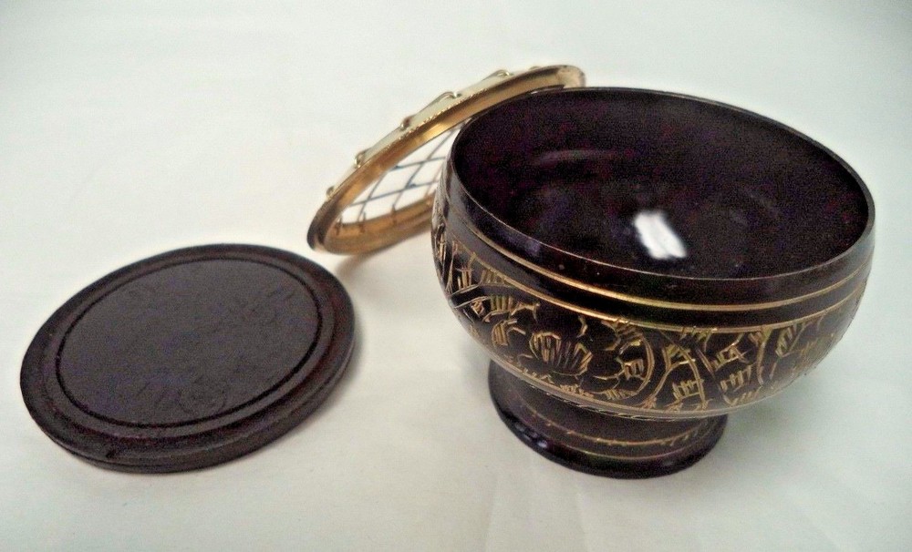 Small Decorated Brass Charcoal Screen Incense Burner: 3 Piece Set