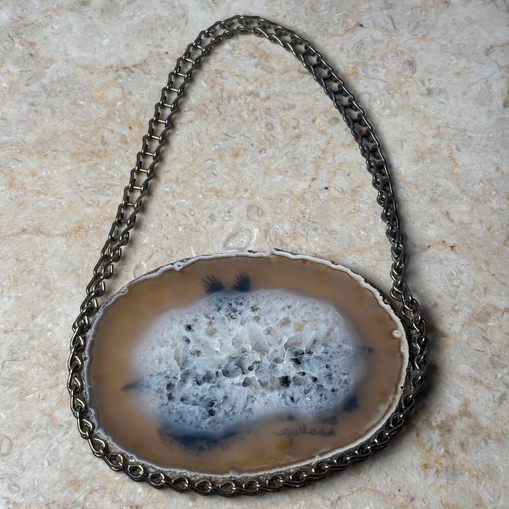 Andrea Meyer 1987 Geode Agate Slice Forest Eagle Scene Rock Art Hanging Painting