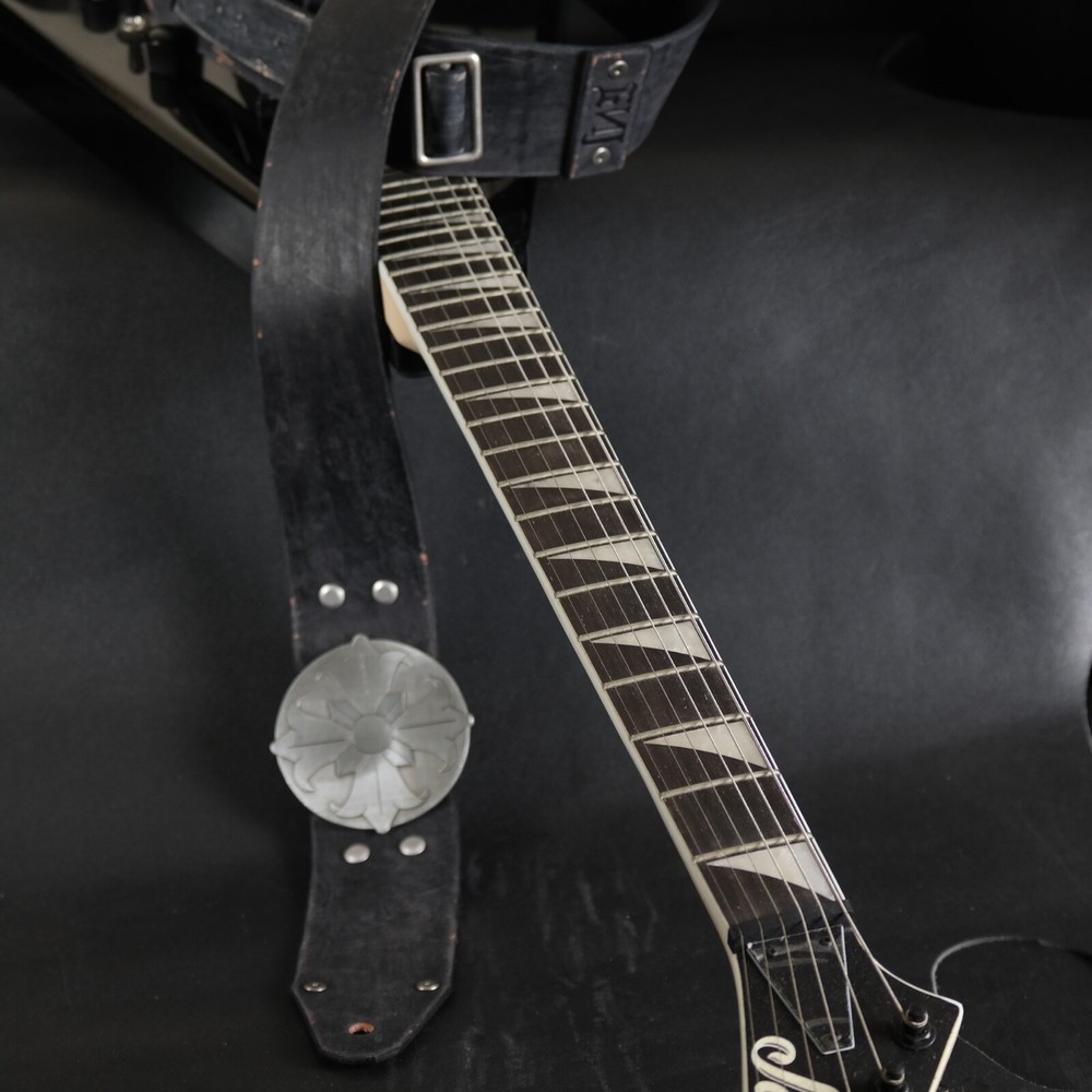 Aged Leather Guitar Strap. Custom Cross Buckle. BLACK