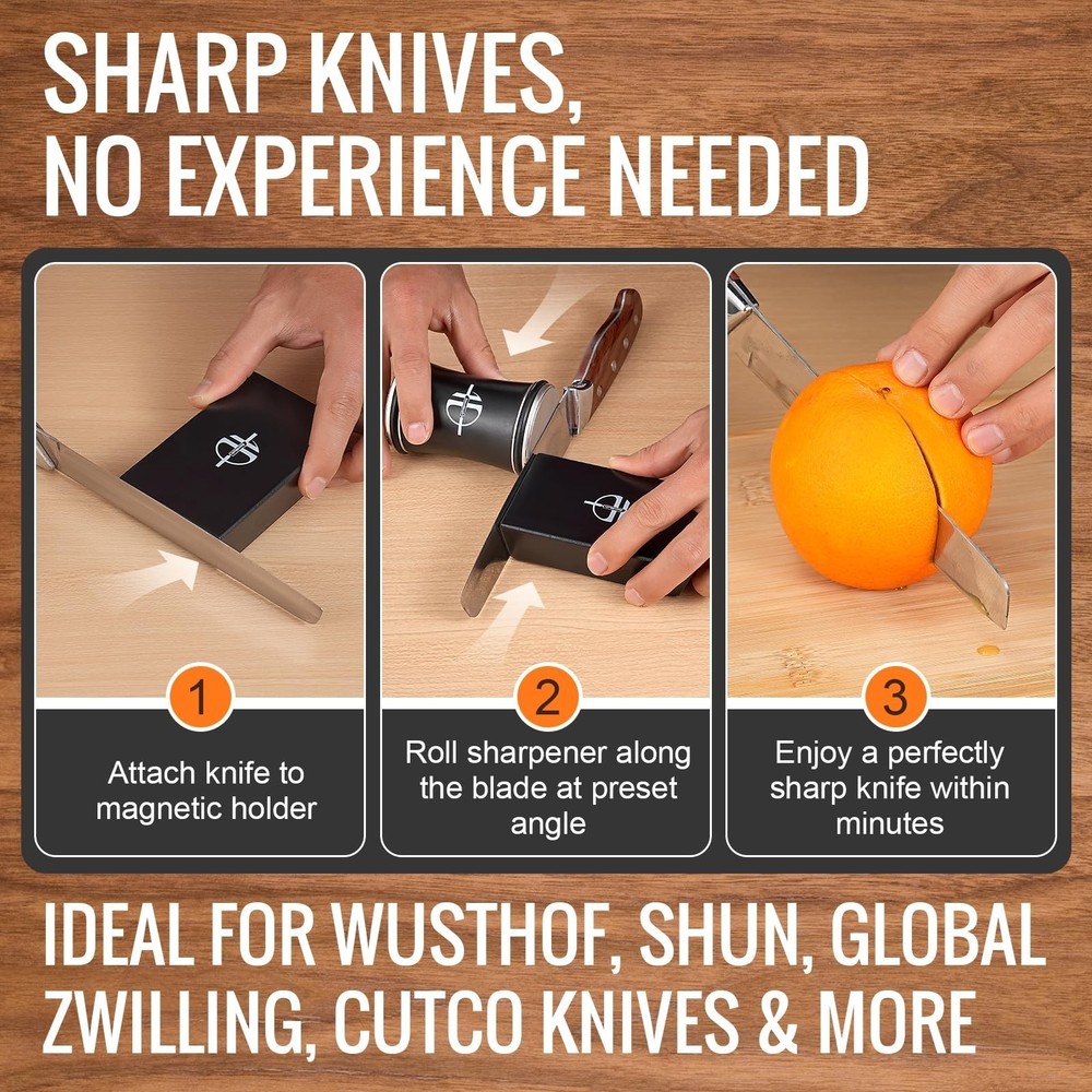 Roller Sharpener Kit with diamond and ceramic sharpening blades, magnetic angle