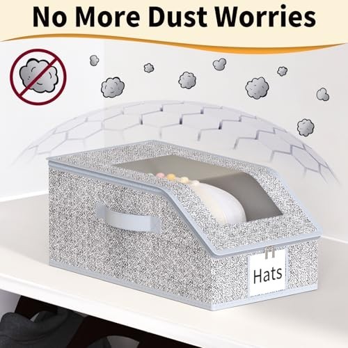 3 Pack Stackable Baseball Cap Organizer with Clear Lid - Foldable Hat Storage Bo