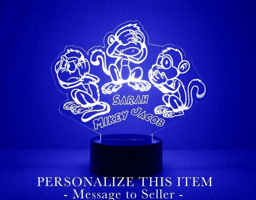 Hear, See & Speak No Evil Monkeys Personalized Night Lamp FREE Engraved Names