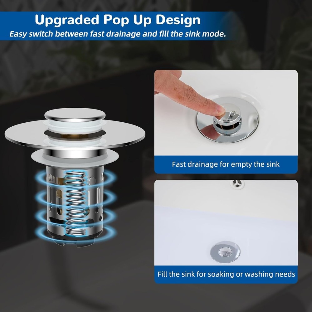 2 Pack Bathroom Sink Drain Strainer, Universal Pop Up Stopper w/Removable Filter