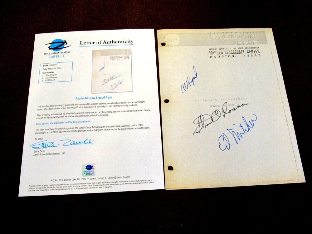 STUART ROOSA ALAN SHEPARD E MITCHELL APOLLO 14 CREW SIGNED BIO DATA PAGE ZARELLI