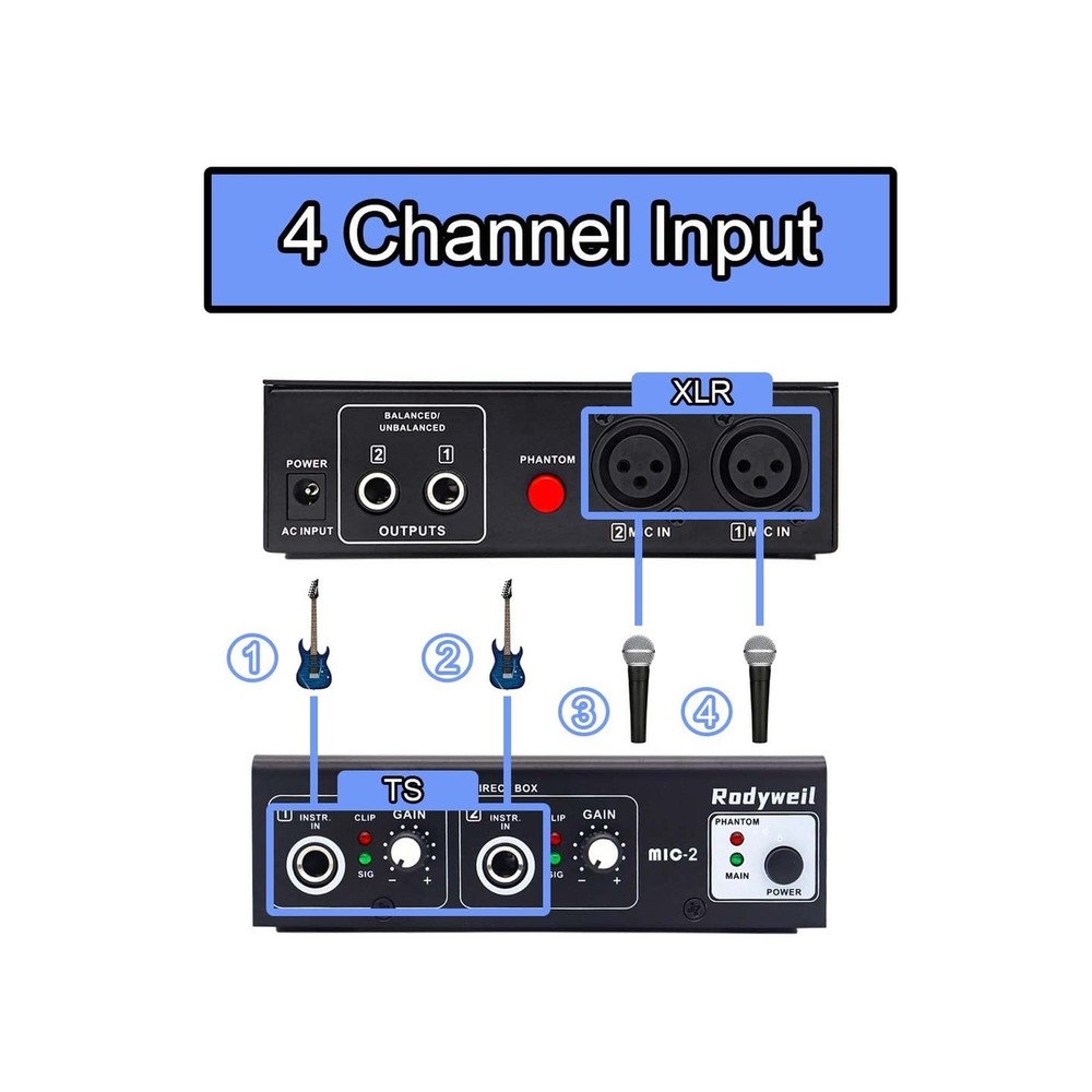 Microphone Preamp Mic Booster 4 Input Max 65db DI Box with 48V Phantom Power ...