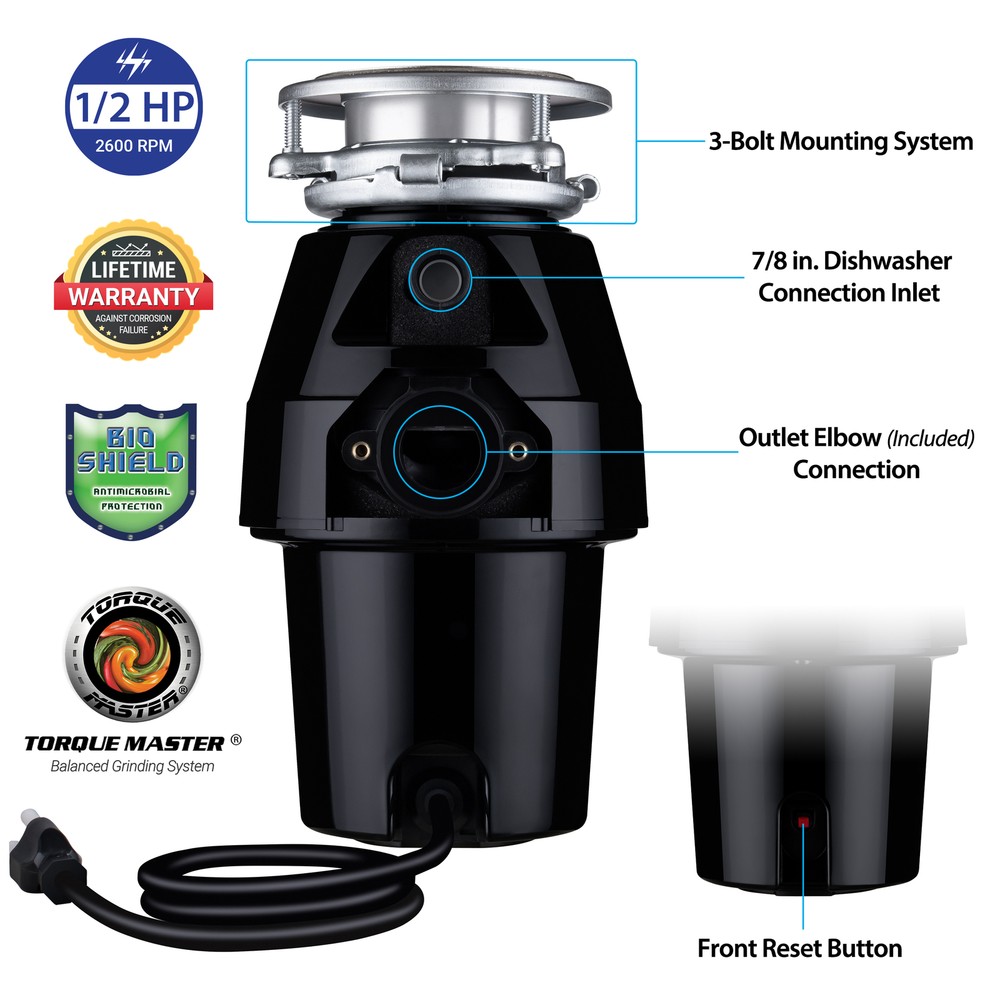 Eco Logic 1/2 HP Continuous Feed Garbage Disposal with Cord, Anti-Jam and Quiet