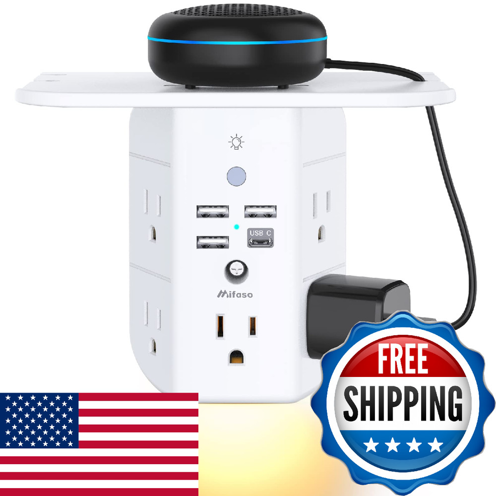 Mifaso 3-Sided Multi Plug Wall Extender Shelf Night Light Surge Protector USB C