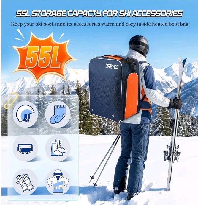 Dreyoo Heated Ski Boot Backpack 55L, 50°C Constant Temperature Boot Bag with AC