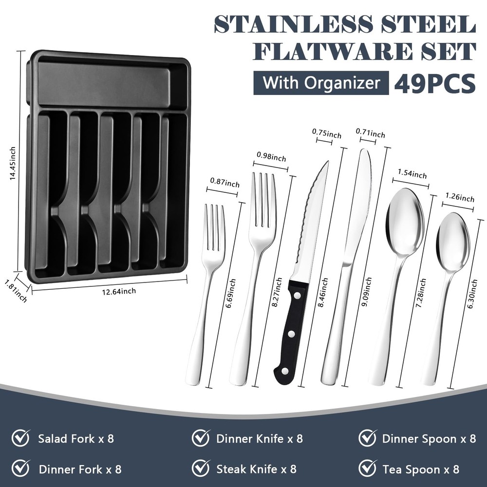 BEWOS 49-Piece Silverware Set with Organizer 49P Flatware Silver, Silver