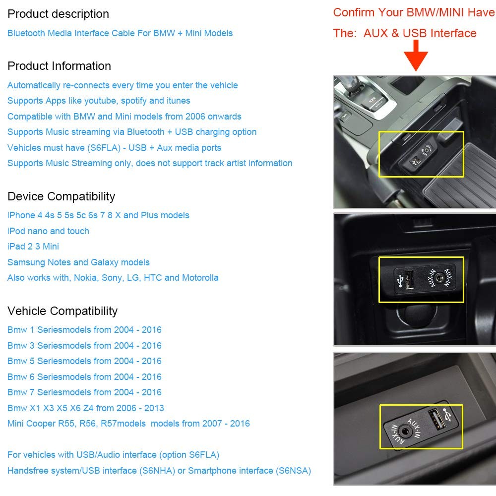 Bluetooth Kit with BMW and Mini Cooper Android iPhone iPod Integration Music ...