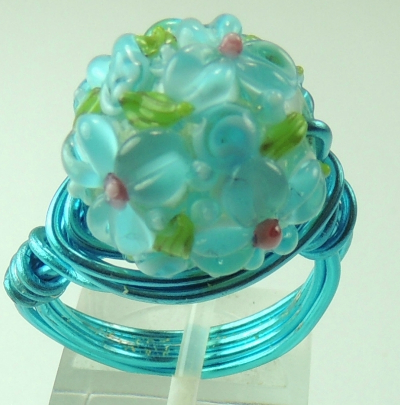 Wire Wrapped Turquoise Wire & Lampwork Floral Ring handcrafted