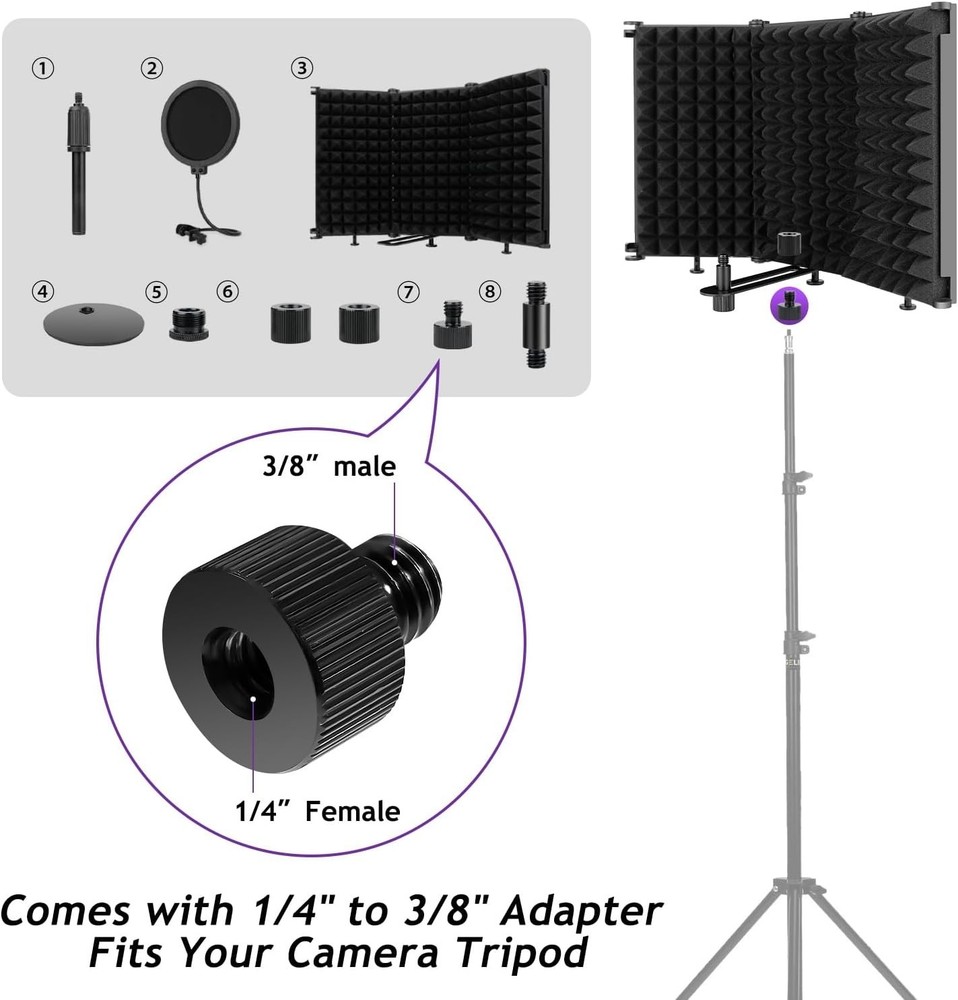 Microphone Isolation Shield with Mic Stand and Pop Filter, Foldable Sound Shield